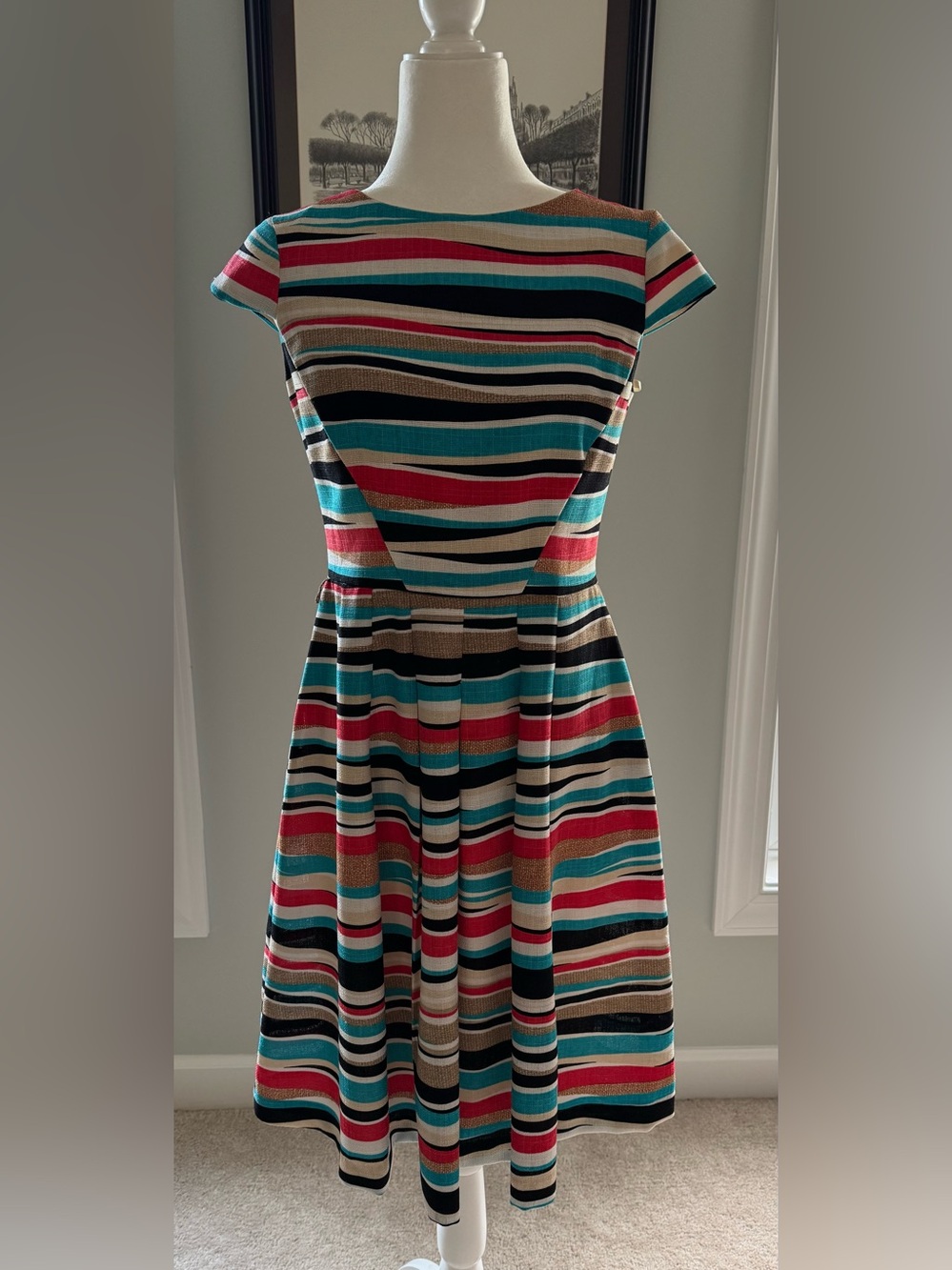 Anne Klein Multicolor Striped Cap-Sleeve Fit & Flare Midi Dress Size 4